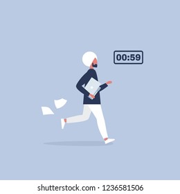 Deadline, conceptual illustration. Young indian male running character holding a folder. Timer. Flat editable vector, clip art