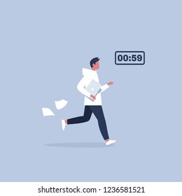 Deadline, conceptual illustration. Young male running character holding a folder. Timer. Flat editable vector, clip art