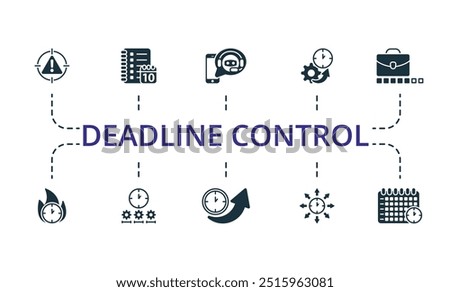 Deadline Control icon set. Monochrome simple Deadline Control icon collection. Time Log, Irritation List, Time Control, To Do List, Stress Management, Deadline, Timing, Gain Time, Distribution Icon