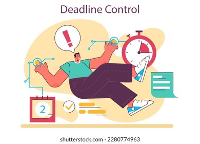 Control de fecha límite. Calidad o habilidad positiva de los empleados. Administración eficiente del tiempo y control de la productividad. El personaje organiza su programa para mejorar una actuación. Ilustración vectorial plana