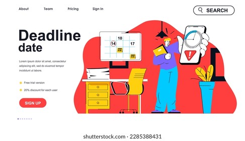 Deadline date concept for landing page template. Worried employee holds phone with timer, deadline for task. Work stress people scene. Vector illustration with flat character design for web banner