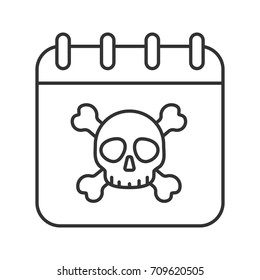 Deadline date linear icon. Thin line illustration. Calendar page with skull and crossbones. Contour symbol. Vector isolated outline drawing