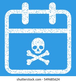 Deadline Day grainy textured icon for overlay watermark stamps. Flat symbol with dust texture. Dotted vector white ink rubber seal stamp with grunge design on a blue background.