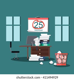 Deadline design concept interior man. Calendar deadline, time and time running out, timeline and due date, business work office deadline job vector illustration.Table on which many folders with paper