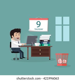 Deadline design concept interior man. Calendar deadline, time and time running out, timeline and due date, business work office deadline job vector illustration.Table on which many folders with paper
