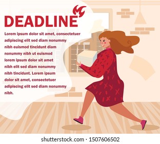 Deadline Design. Time Management and Planning Schedule. Business Presentation. Advertising Flat Banner with Text and Rushing Cartoon Woman Holding Paper Documents Pile. Vector Flat Illustration