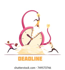 Deadline disaster warning cartoon composition poster with hanging from bursting clock and running away personnel vector illustration 