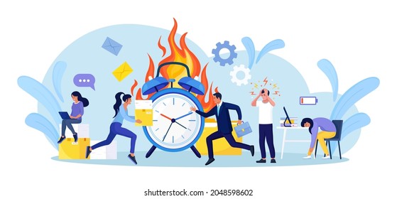 Deadline Disruption. Office Workers Working Overtime. People in High Stress Conditions. Many Work and Few Time. Exhausted, Frustrated Employee in Hurry. Panic and Acute Stress Disorder in Office