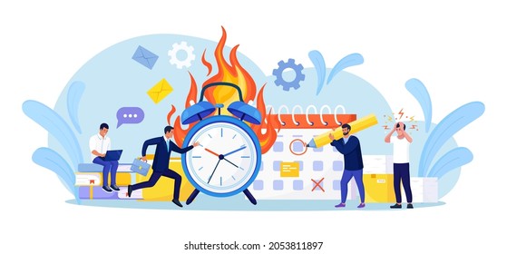 Deadline Disruption. Office Workers Working Overtime. People in High Stress Conditions. Many Work and Few Time. Exhausted, Frustrated Employee in Hurry. Panic and Acute Stress Disorder in Office