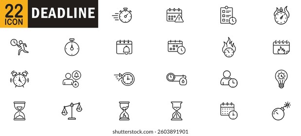 Deadline editable outline icon set. Calendar, clock, stopwatch, alarm, timer, schedule, reminder, task, to-do list and more