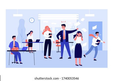 Deadline failure and office chaos concept. Angry furious boss shouting at employees, throwing papers, puzzled office workers in hurry and panic. Flat vector illustration