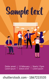 Deadline failure and office chaos concept. Angry furious boss shouting at employees, throwing papers, puzzled office workers in hurry and panic. Flat vector illustration