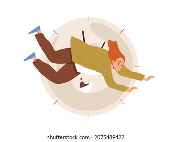 Deadline failure and organization problem concept. Person is late, time is over. Inefficient disorganized employee fall from clocks. Fail at work. Flat vector illustration isolated on white background