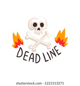 Deadline in fire flames, skull and crossbones, time management, productivity, efficiency, business concept vector Illustration on a white background