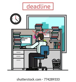 Deadline, flat business man working in office. Vector illustration.