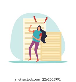 Deadline flat icons composition with hurrying and worried human character during hard work vector illustration