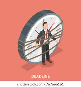 Deadline flat isometric vector concept. Man is tied to the huge watch.