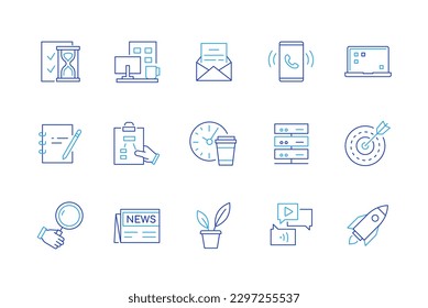 Deadline and goal achievement - set of modern line design style icons on white background. Hourglass, office letter, server, rocket and project launch, news, coffee break, laptop and workplace idea