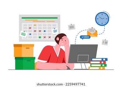 Deadline graues Konzept mit Menschen Szene im flachen Cartoon Stil. Der Arbeitnehmer ist besorgt, dass er nicht in der Lage sein wird, alle Aufgaben vor Ablauf der Frist zu erfüllen. Vektorgrafik.