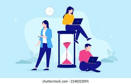 Deadline hourglass and group of effective business people working against time. Flat design vector illustration with blue background