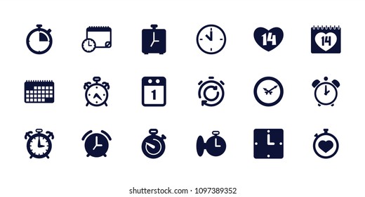 Deadline icon. collection of 18 deadline filled icons such as alarm, stopwatch, 14 date, wall clock, 1st day calendar, calendar. editable deadline icons for web and mobile.