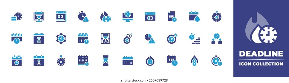 Deadline icon collection. Duotone color. Vector illustration. Containing deadline, overdue, hourglass, timemanagement, calendar, upcoming, time, overtime, schedule, stopwatch, skull.