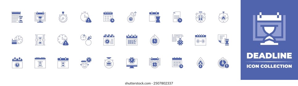 Deadline icon collection. Duotone style line stroke and bold. Vector illustration. Containing deadline, overdue, sandclock, upcoming, expired, calendar, time, schedule, hourglass, stopwatch.