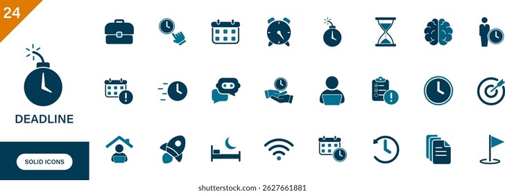 Deadline icon. Containing time management, calendar, work, mental health, goal, due date. Solid vector icons set.