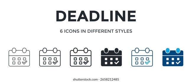 Icono De Fecha Límite En Diferente Estilo De Ilustración vectorial. Diseñado En Línea Delgada, Línea Regular, Línea Negrita, Glifo, Línea De Color Y Estilo De Glifo De Color Se Puede Utilizar Para El Web