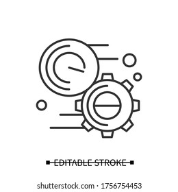 Deadline icon. Gear with timer linear pictogram. Production schedule, development and creative projects time management concept. and Editable stroke vector illustration of creative production.