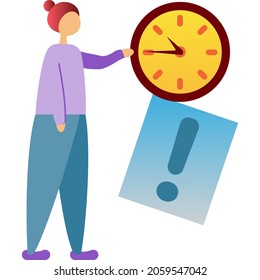 Deadline Icon. Girl Business Person In Stress Because Of Overtime Work. Vector Stressed Woman Worker Standing Isolated On White Background