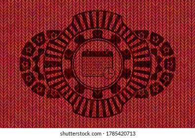 deadline icon inside Red color woolen fabric badge. Cloth graceful background. Illustration. 