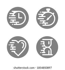 Icono de línea de vencimiento y tiempos de avance rápidos conjunto de iconos - símbolos de cronómetro, reloj, corazón y reloj de arena con líneas de velocidad creativas (trazas) - colección de vectores