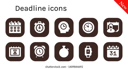 deadline icon set. 10 filled deadline icons.  Collection Of - Calendar, Stopclock, Time, Wall clock, Alarm clock, Stopwatch, Wristwatch