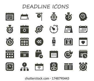 conjunto de iconos de fecha límite. 30 iconos de fecha límite. Incluye calendario, reloj, reloj, reloj, hora, reloj, reloj, reloj, reloj, cronómetro, retroceso, reloj de pulsera, tiempo de espera, bloqueos, fecha límite, iconos de reloj de pared