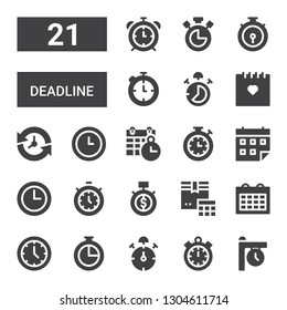 deadline icon set. Collection of 21 filled deadline icons included Clock, Timer, Stop watch, Chronometer, Wall clock, Calendar, Time, Stopwatch, Alarm clock