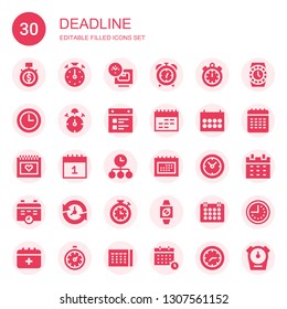 deadline icon set. Collection of 30 filled deadline icons included Time, Stopclock, Alarm clock, Timer, Wall clock, Stop watch, Calendar, Schedule, Clocks, Stopwatch, Wristwatch