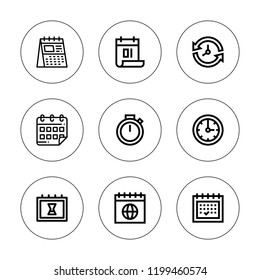 Deadline icon set. collection of 9 outline deadline icons with calendar, clock, chronometer icons. editable icons.