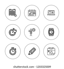 Deadline icon set. collection of 9 outline deadline icons with calendar, clocks, chronometer, date, highlighter, time icons. editable icons.