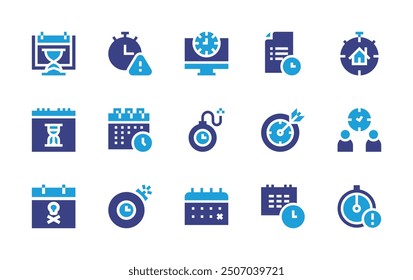 Deadline icon set. Duotone color. Vector illustration. Containing deadline, overdue, timemanagement, calendar, overtime, intime, hourglass, skull.