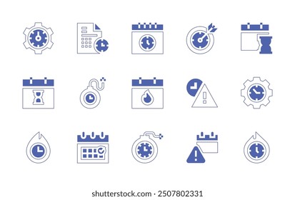 Deadline icon set. Duotone style line stroke and bold. Vector illustration. Containing calendar, deadline, timemanagement, overtime, intime, scheduling, fire, hourglass.