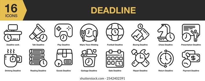 Deadline icon set. Includes football, garbage, goods, payment, play, presentation, reading, talk, and More. Outline icons vector collection.