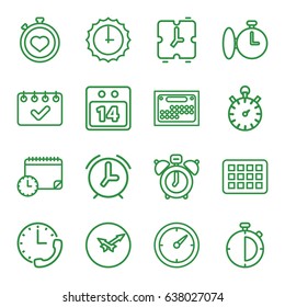 Deadline icons set. set of 16 deadline outline icons such as stopwatch, 14 date calendar, clock, wall clock, sundial, calendar