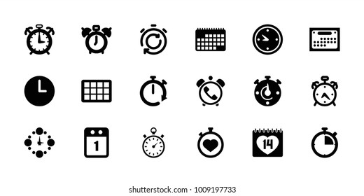 Deadline icons. set of 18 editable filled deadline icons: alarm, clock alarm, stopwatch, 14 date, clock, wall clock, 1st day calendar