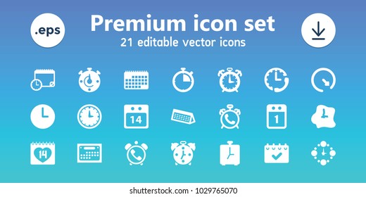Deadline icons. set of 21 editable filled deadline icons includes alarm, 14 date, 14 date calendar, wall clock, 1st day calendar