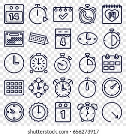 Deadline icons set. set of 25 deadline outline icons such as alarm, 14 date, clock, 14 date calendar, stopwatch, wall clock, sundial
