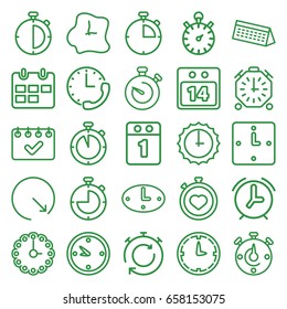 Deadline icons set. set of 25 deadline outline icons such as stopwatch, clock, 14 date calendar, wall clock, sundial, 1st day calendar, calendar