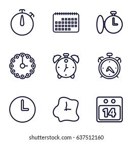 Deadline icons set. set of 9 deadline outline icons such as alarm, 14 date calendar, wall clock, calendar