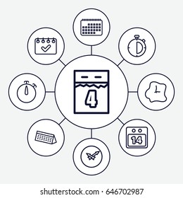 Deadline icons set. set of 9 deadline outline icons such as 14 date calendar, wall clock, calendar, 4th date calendar