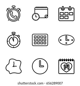 Deadline icons set. set of 9 deadline outline icons such as alarm, 14 date, wall clock, calendar, calendar with clock